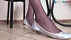 Leggy Brunette Shows Off Pantyhose Feet In Ballet Flats