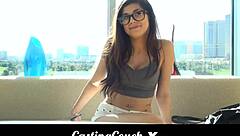 teen with glasses auditioning for porn on casting couch