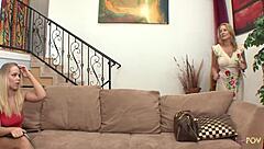 blonde cougar licks trimmed pussy to orgasm