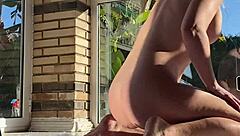 Struggling with my first huge black dildo backstage