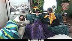 Petite Asian Stepsister Rides Stepbrother's Cock Beside Resting Stepmom