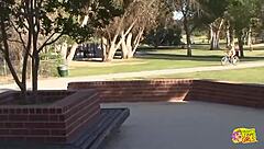 Inked blonde seduces cyclist with double dildo fingering