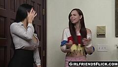 Do two horny babes watch lesbian porn before getting naked?