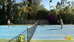 Blonde friends intensely bang in pool after swimming turns them on
