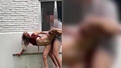 The skinny neighbor gets hot and I fuck her pussy standing up outdoors