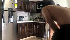 In the hotel kitchen, she asks, 'Want to fuck my big ass in missionary and cowgirl? My pussy is so wet!'