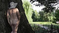 Hairy mature flashes nude beaver in public park without shame