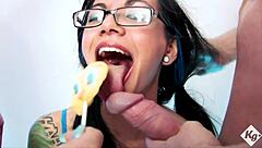 Tiny Asian Babe Gets Sprayed By Four Big Cocks In Wild Bukkake!