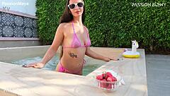 Girl Next Door Flashes Bikini In Public Pool Morning, Petite Body Teasing Neighbors With Outdoor Sexy Chill