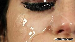 nasty babe gets sperm load on her face sucking all the sperm