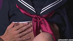 Japanese Brunette Fu Sazanami Masturbates In Uniform With Shaved Pussy Uncensored