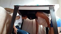 Lesbian Girls Hide Under Table To Masturbate From Stepparents