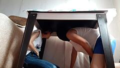 Lesbian Girls Hide Under Table To Masturbate From Stepparents