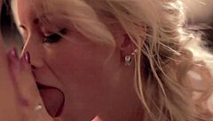 Blonde and brunette perform elegant blowjob, swallowing cumshot gracefully