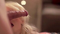 Blonde and brunette perform elegant blowjob, swallowing cumshot gracefully