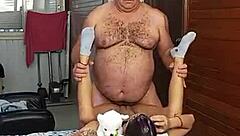 Young girl desires an old man for passionate encounter with muscular bodybuilder