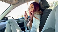 Artemisia Love smokes in car, revealing big tits and hard nipples slowly