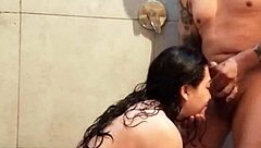 my husband's best friend surprised me in the shower made me suck his cock and came on my face