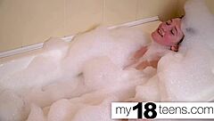 Cute teen 18+ babe feels intense orgasm in bath closeup