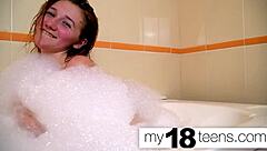 Cute teen 18+ babe feels intense orgasm in bath closeup