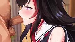The wild Ookami Mio from Hololive makes a mess while giving head