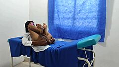 Horny nurse touches her vagina in the office. Patient persuades her for sex?