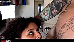 Tattooed Guy Blows Young Brunette Visitor