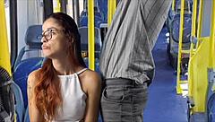 Skinny Redhead Student Flashes Her Ass Under Skirt on Crowded Bus in Public