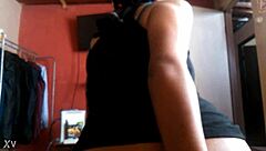 Shemale performs solo activity with a marker