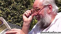 In this old and young scene, the petite teen bends over for doggystyle cumshot in jeans