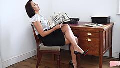 Busty British Brunette Rips Pantyhose During Solo Masturbation