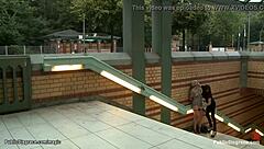 A blonde with a pierced pussy plays and fucks on the public toilet