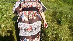 Hairy mature woman wears transparent dress in public