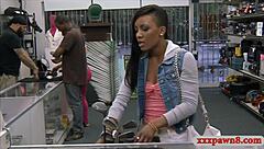 ebony babe sucks pawn keeper's monster cock