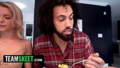 thanksgiving lunch turns into a hot foursome with three girls sharing one cock!