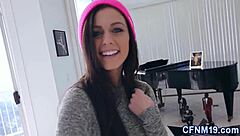 Clothed teen hottie sucks big cock for cumshot