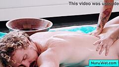 Busty brunette masseuse with perfect round butt rubs herself on client fully naked. Robby Apples and Avery Black