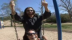 Wife with big tits gets fucked by stranger while husband watches outdoors