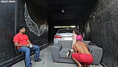 Brazilian slut dances close, notices hard cock, fucks in garage threesome