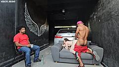 Brazilian slut dances close, notices hard cock, fucks in garage threesome
