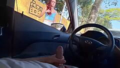 risky handjob for redhead slut flashing at bus stop