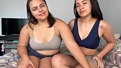 Your favorite babysitters, the latina and brunette, passionately kiss and play with a huge new toy