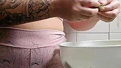 exhibitionist flashes swollen pussy in tight shorts in kitchen