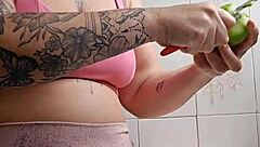 exhibitionist flashes swollen pussy in tight shorts in kitchen