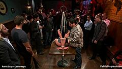 Deep throat slut fucked in public bondage.