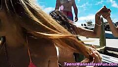 Sexy babes gather outdoors for a high definition gangbang with a hot stud