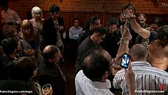 Deep throat slut fucked in public bondage.