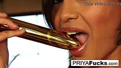 Indian Milf Priya Rai Masturbates with Golden Vibrator in Dining Room