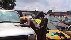 Garage blowjob with big black cock