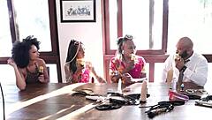 Teen 18+ Brazilian in sheer red with black couple.